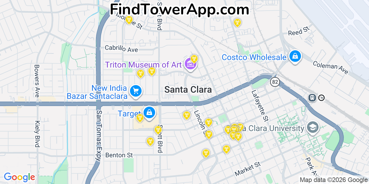 Map showing the 20 primary cell tower locations detected in Santa Clara, California from AT&T, Verizon, and T-Mobile networks