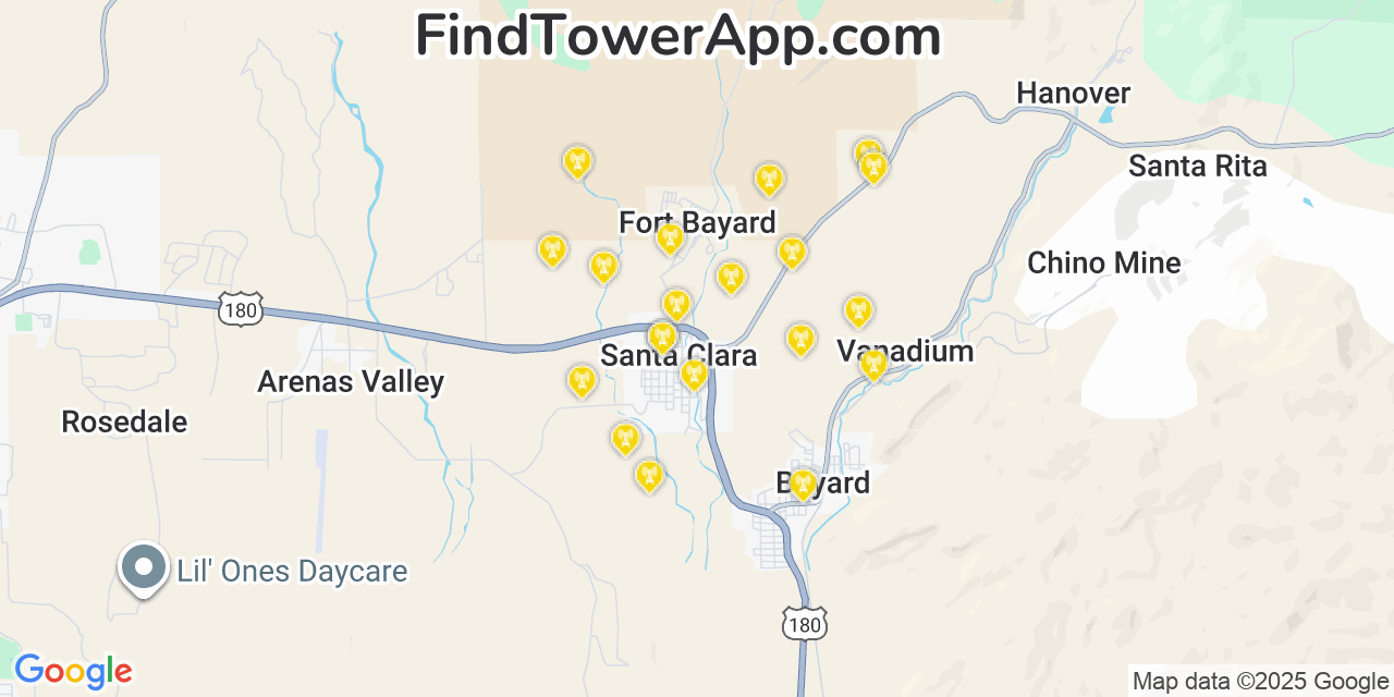 Map showing the 20 primary cell tower locations detected in Santa Clara, New Mexico from AT&T, Verizon, and T-Mobile networks
