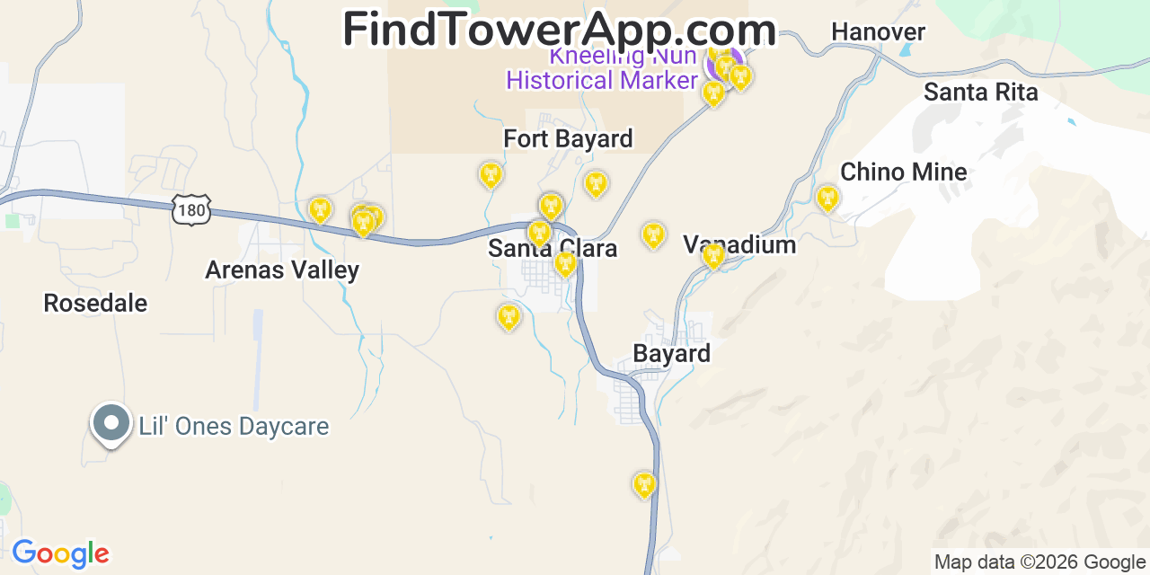 Map showing the 20 primary cell tower locations detected in Santa Clara, New Mexico from AT&T, Verizon, and T-Mobile networks