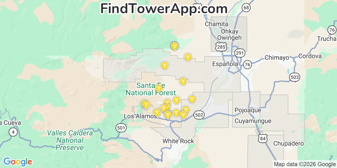 Map showing the 20 primary cell tower locations detected in Santa Clara Pueblo, New Mexico from AT&T, Verizon, and T-Mobile networks
