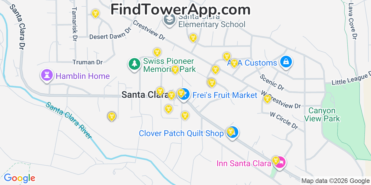 Map showing the 20 primary cell tower locations detected in Santa Clara, Utah from AT&T, Verizon, and T-Mobile networks