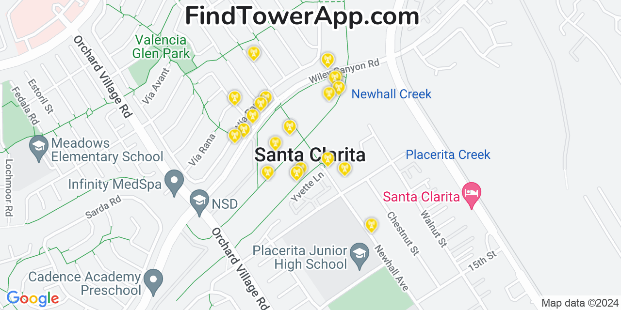 AT&T 4G/5G cell tower coverage map Santa Clarita, California