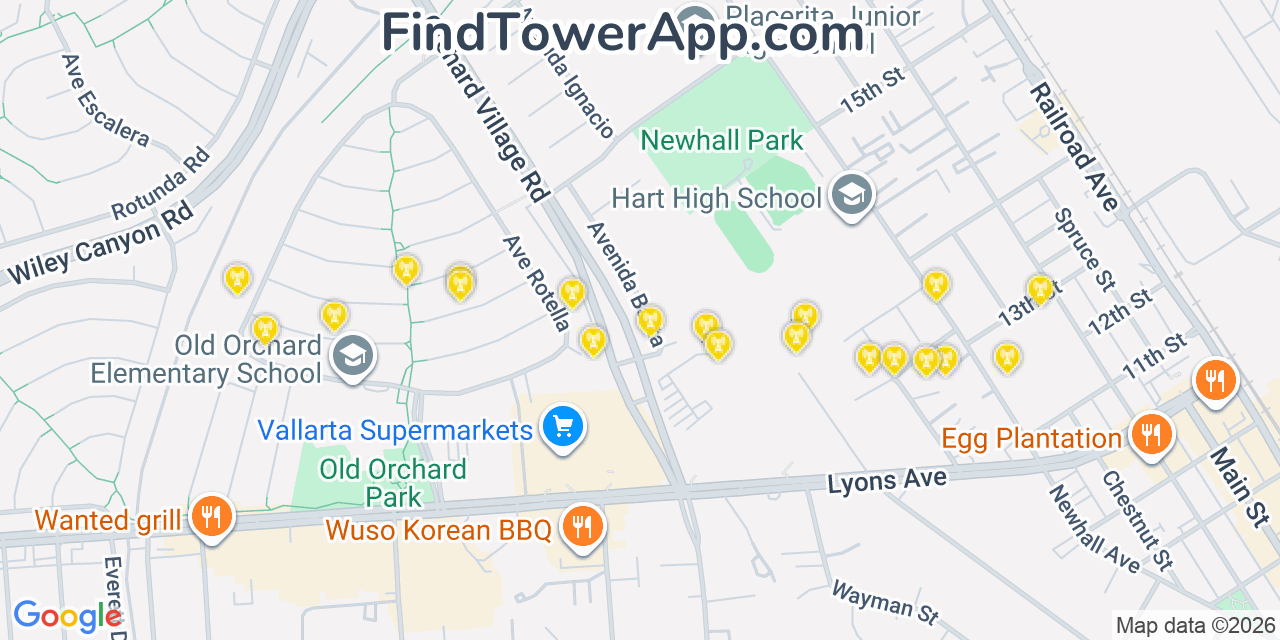 Map showing the 20 primary cell tower locations detected in Santa Clarita, California from AT&T, Verizon, and T-Mobile networks