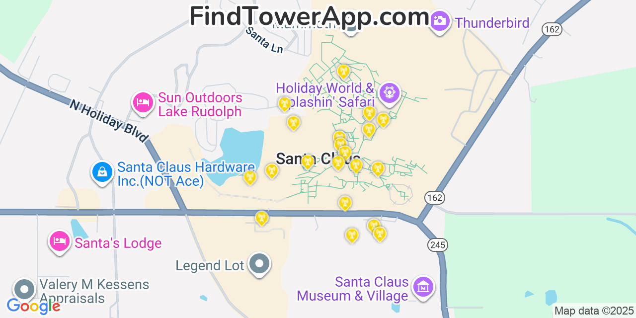 Map showing the 20 primary cell tower locations detected in Santa Claus, Indiana from AT&T, Verizon, and T-Mobile networks