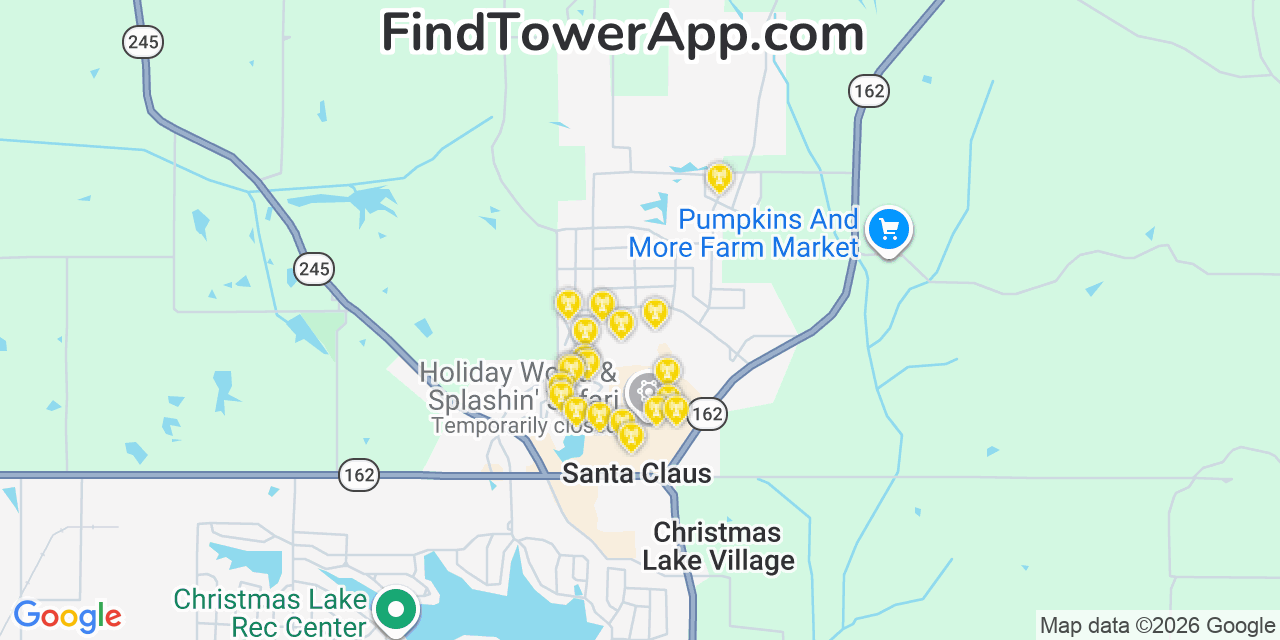 Map showing the 20 primary cell tower locations detected in Santa Claus, Indiana from AT&T, Verizon, and T-Mobile networks