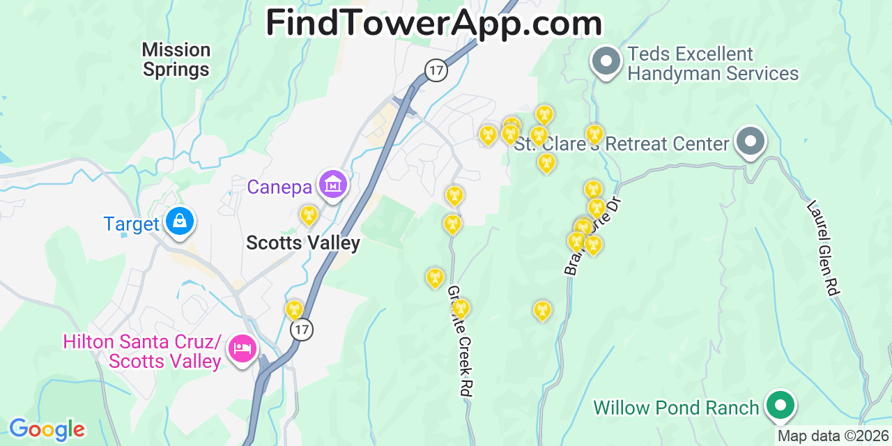 Map showing the 20 primary cell tower locations detected in Santa Cruz, California from AT&T, Verizon, and T-Mobile networks