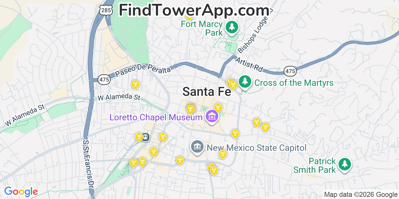 Map showing the 20 primary cell tower locations detected in Santa Fe, New Mexico from AT&T, Verizon, and T-Mobile networks