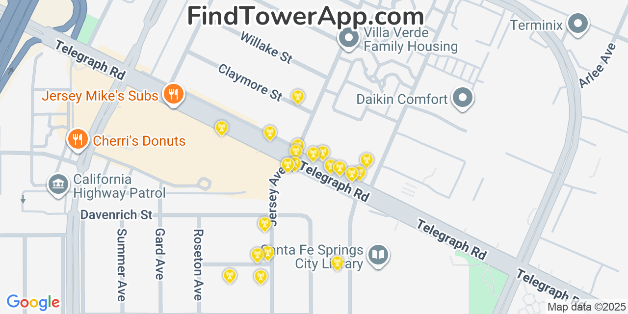 Map showing the 20 primary cell tower locations detected in Santa Fe Springs, California from AT&T, Verizon, and T-Mobile networks