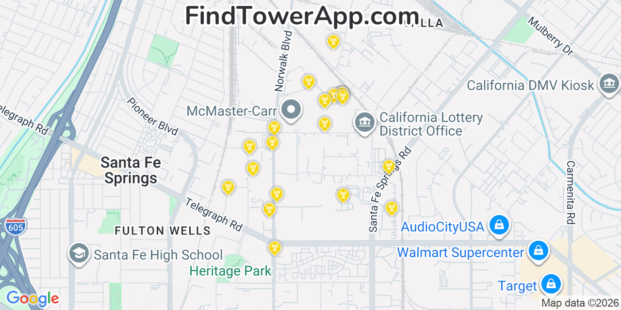 Map showing the 20 primary cell tower locations detected in Santa Fe Springs, California from AT&T, Verizon, and T-Mobile networks