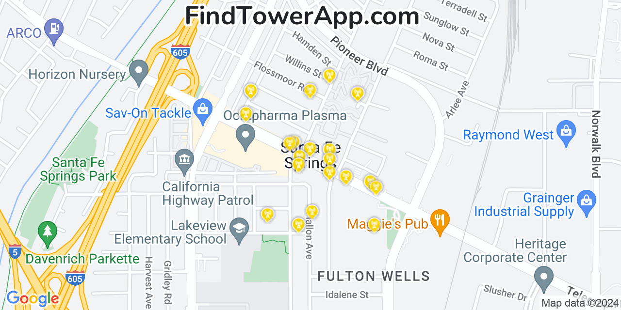 Verizon 4G/5G cell tower coverage map Santa Fe Springs, California