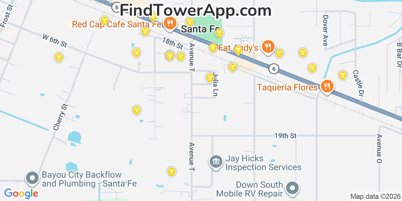 Map showing the 20 primary cell tower locations detected in Santa Fe, Texas from AT&T, Verizon, and T-Mobile networks
