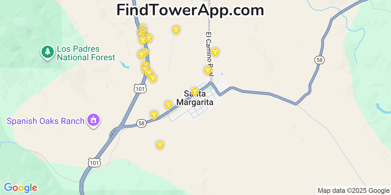 Map showing the 20 primary cell tower locations detected in Santa Margarita, California from AT&T, Verizon, and T-Mobile networks