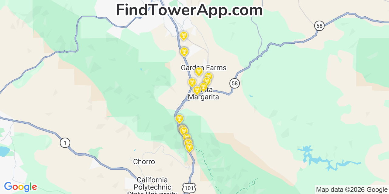 Map showing the 20 primary cell tower locations detected in Santa Margarita, California from AT&T, Verizon, and T-Mobile networks