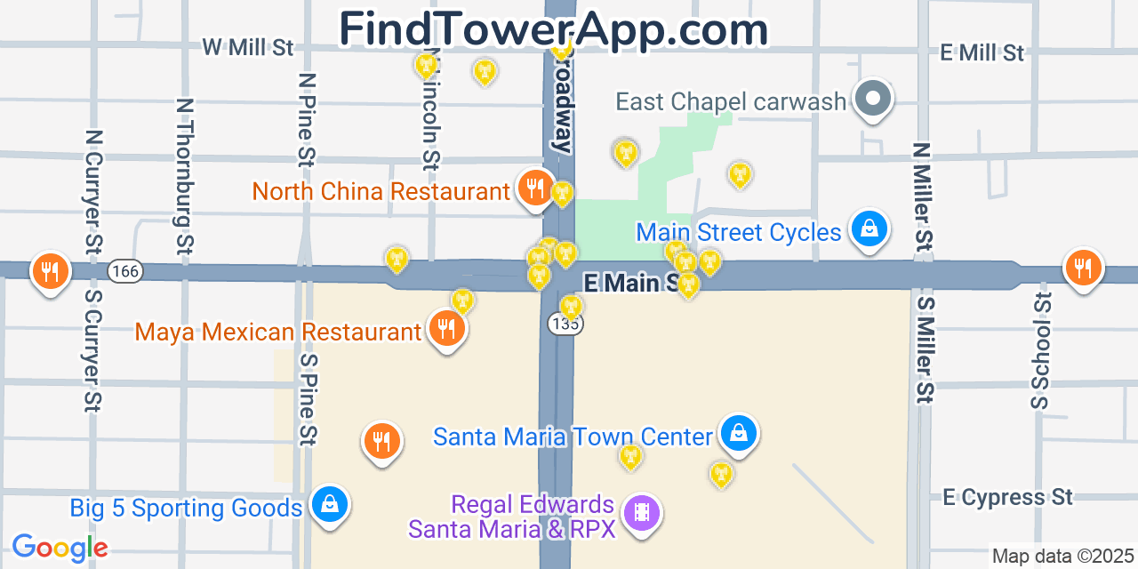 Map showing the 20 primary cell tower locations detected in Santa Maria, California from AT&T, Verizon, and T-Mobile networks