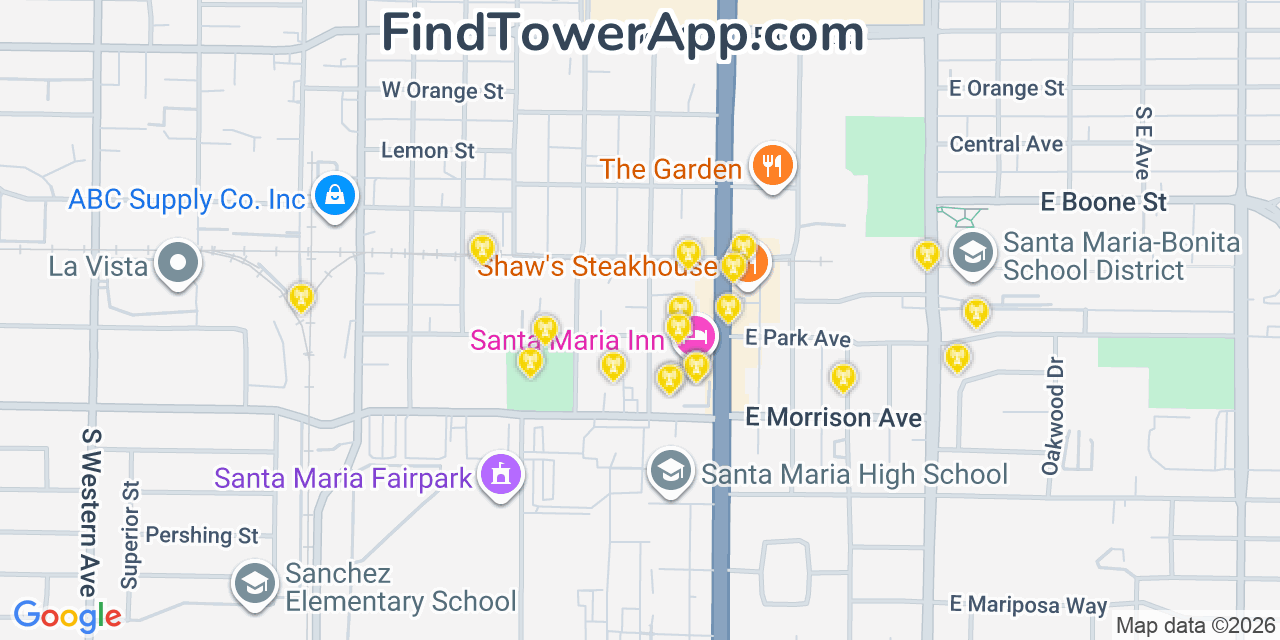 Map showing the 20 primary cell tower locations detected in Santa Maria, California from AT&T, Verizon, and T-Mobile networks