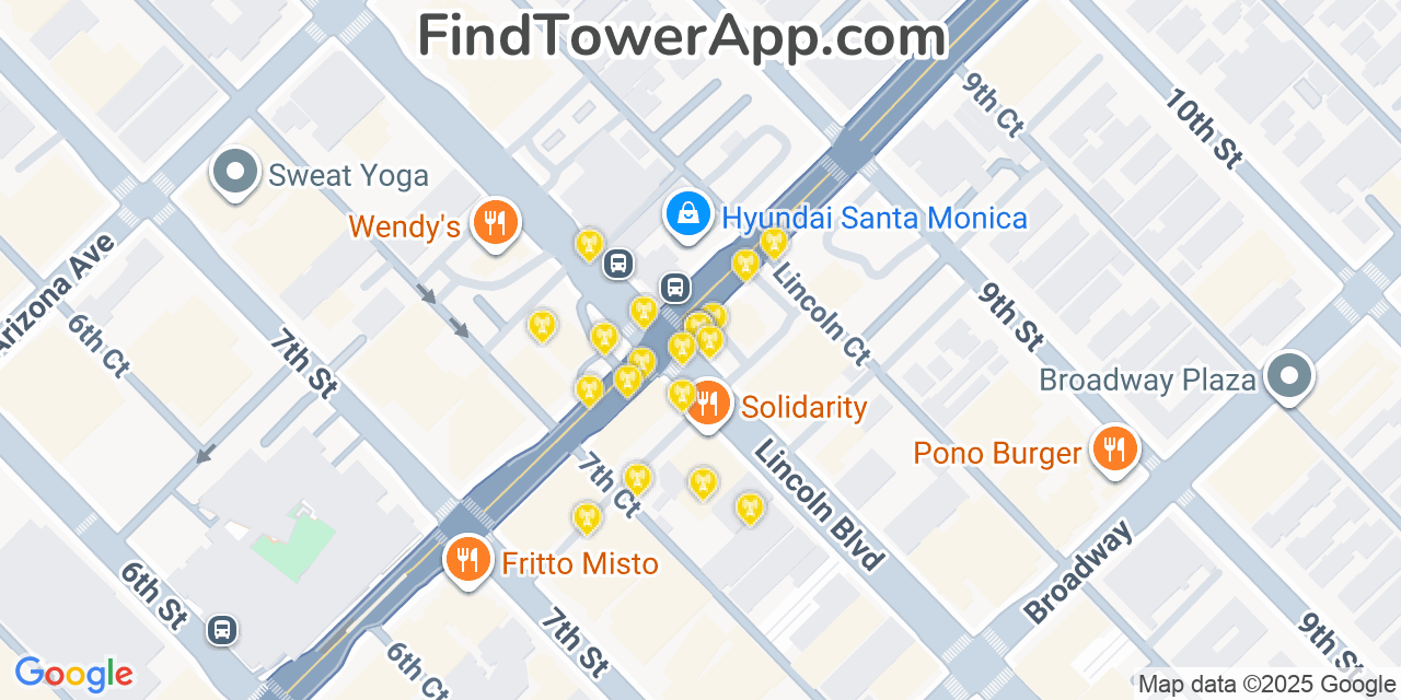 Map showing the 20 primary cell tower locations detected in Santa Monica, California from AT&T, Verizon, and T-Mobile networks
