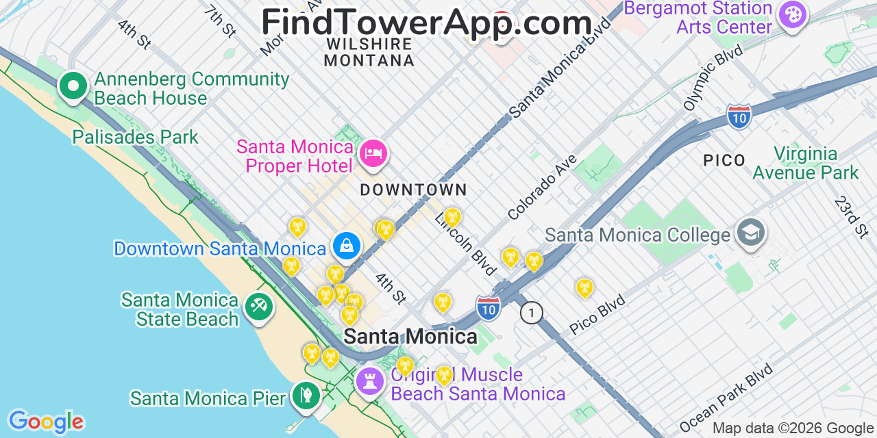 Map showing the 20 primary cell tower locations detected in Santa Monica, California from AT&T, Verizon, and T-Mobile networks