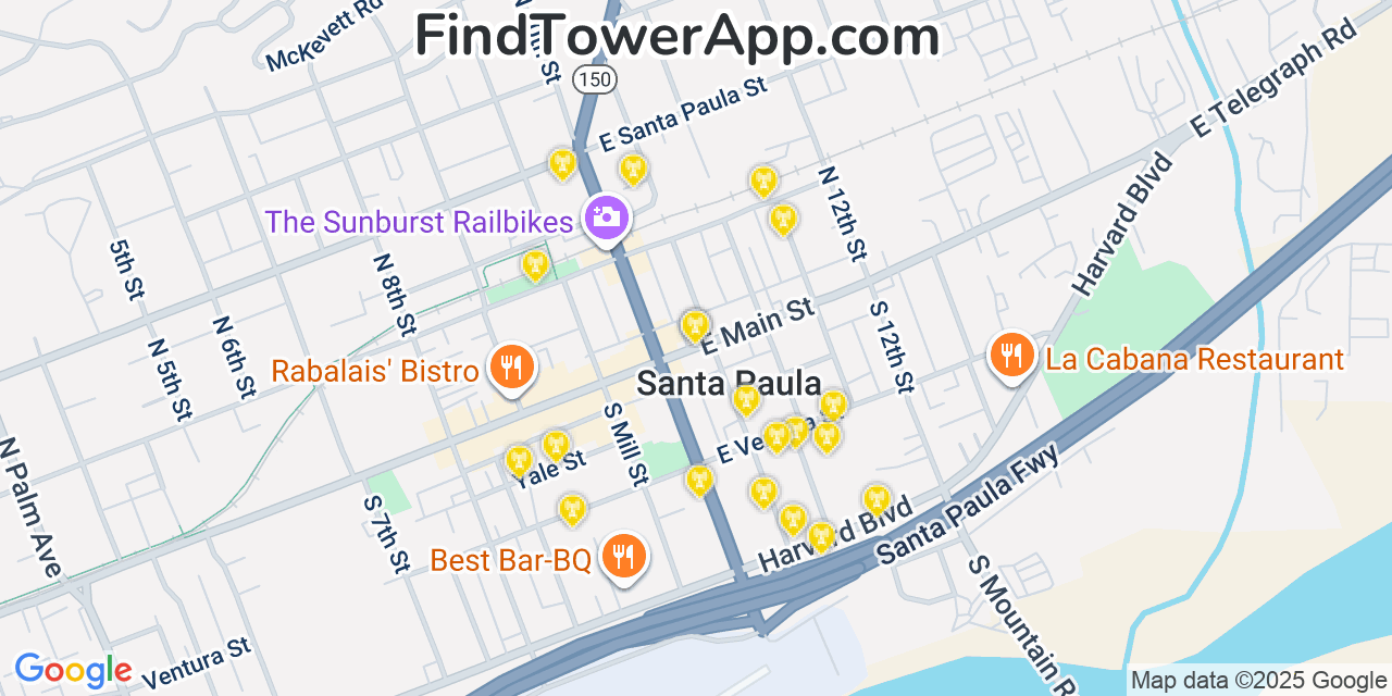 Map showing the 20 primary cell tower locations detected in Santa Paula, California from AT&T, Verizon, and T-Mobile networks
