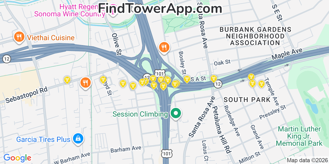 Map showing the 20 primary cell tower locations detected in Santa Rosa, California from AT&T, Verizon, and T-Mobile networks