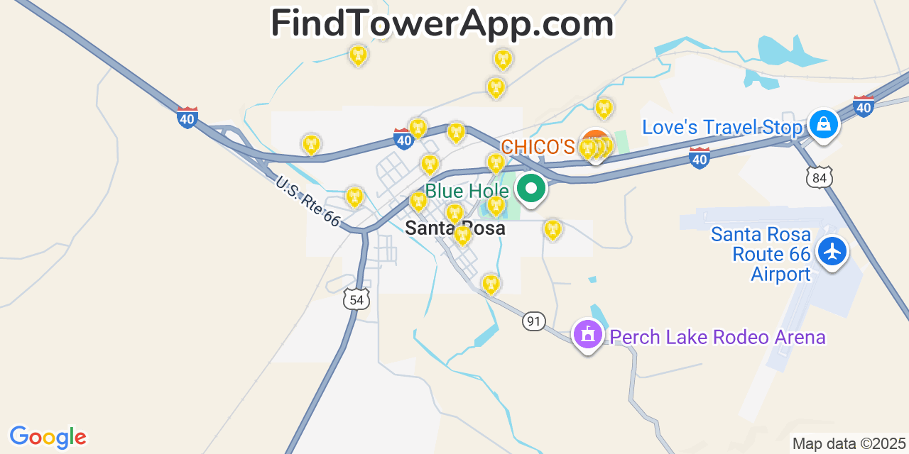 Map showing the 20 primary cell tower locations detected in Santa Rosa, New Mexico from AT&T, Verizon, and T-Mobile networks