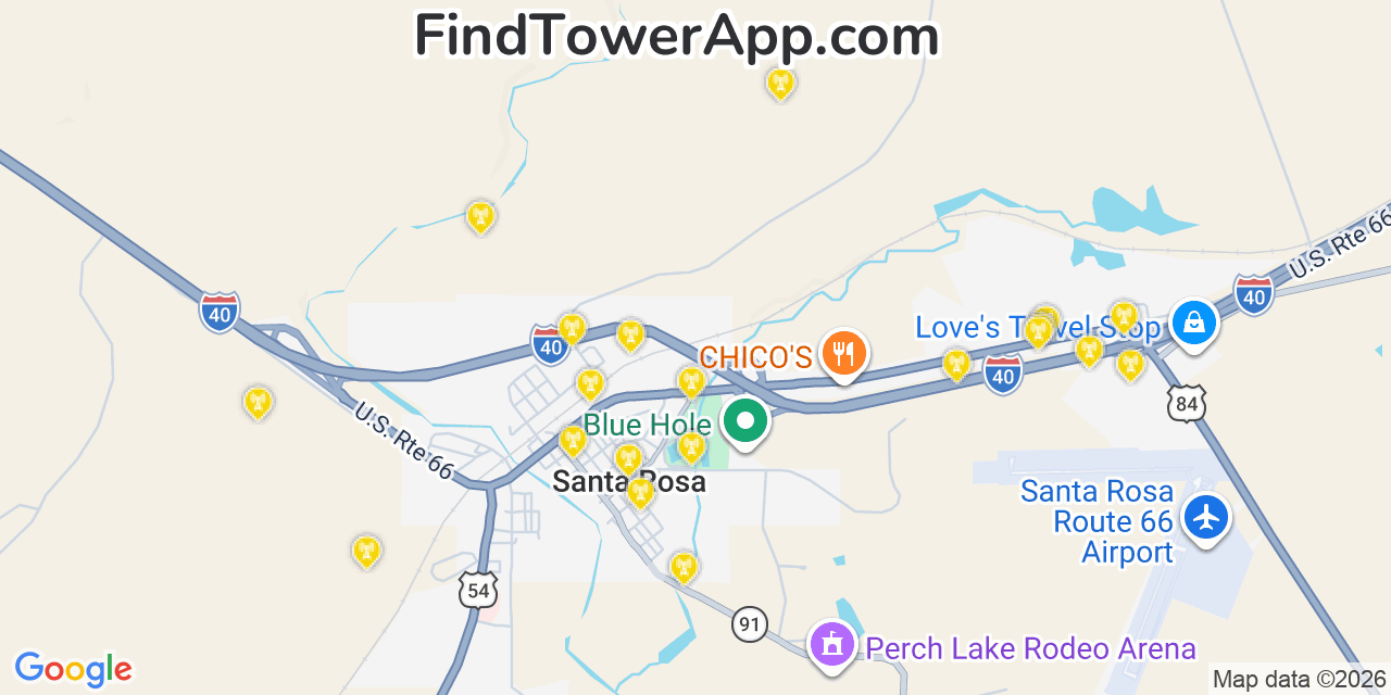 Map showing the 20 primary cell tower locations detected in Santa Rosa, New Mexico from AT&T, Verizon, and T-Mobile networks