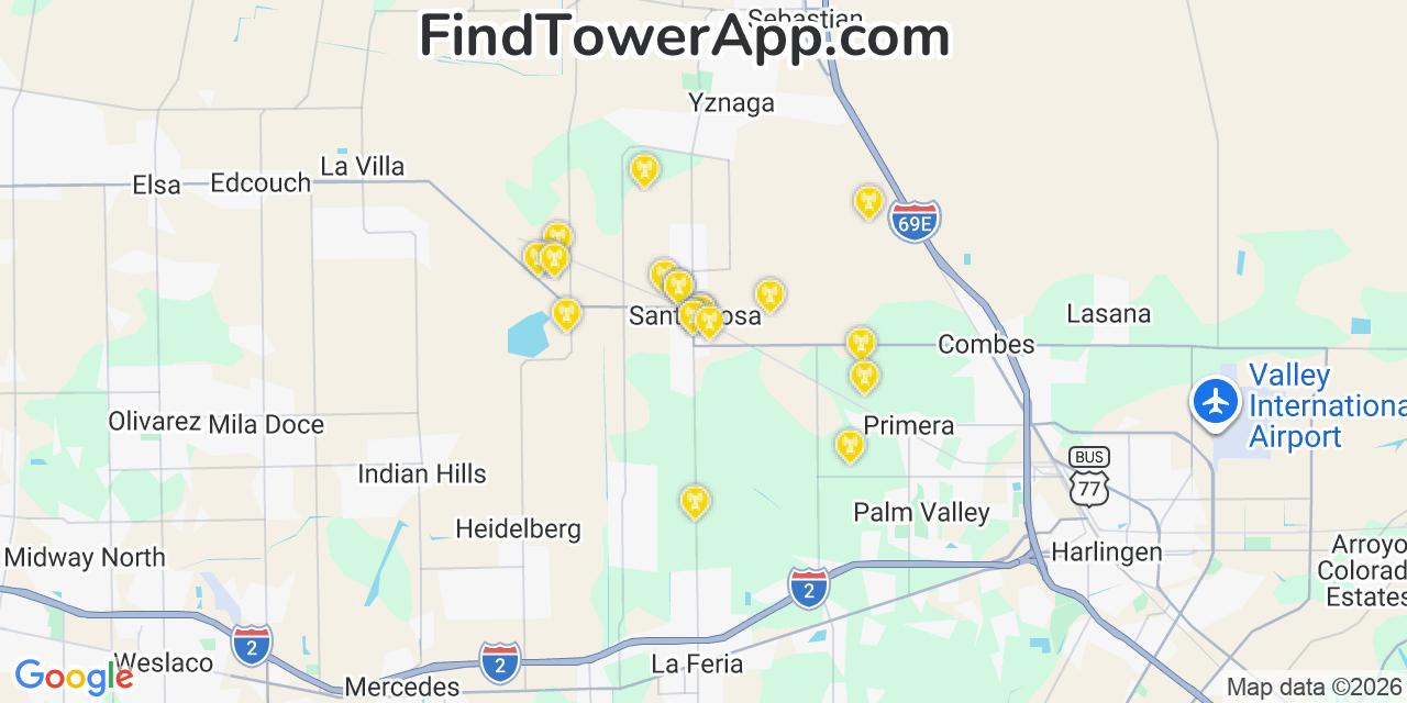 Map showing the 20 primary cell tower locations detected in Santa Rosa, Texas from AT&T, Verizon, and T-Mobile networks