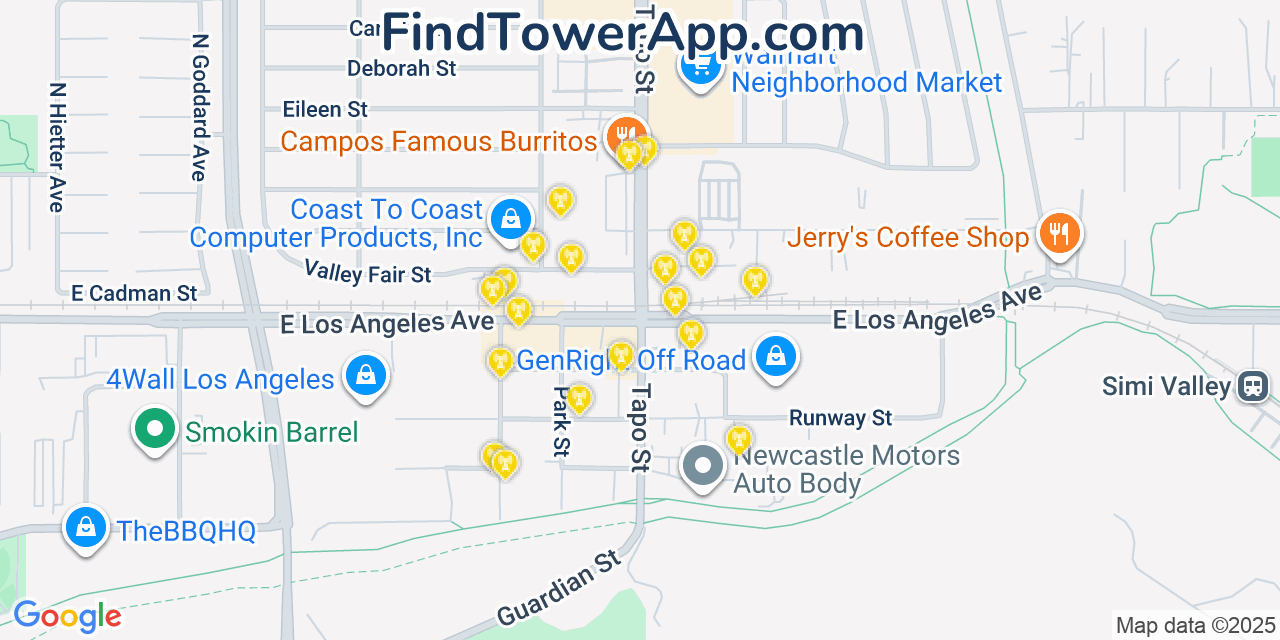 Map showing the 20 primary cell tower locations detected in Santa Susana, California from AT&T, Verizon, and T-Mobile networks