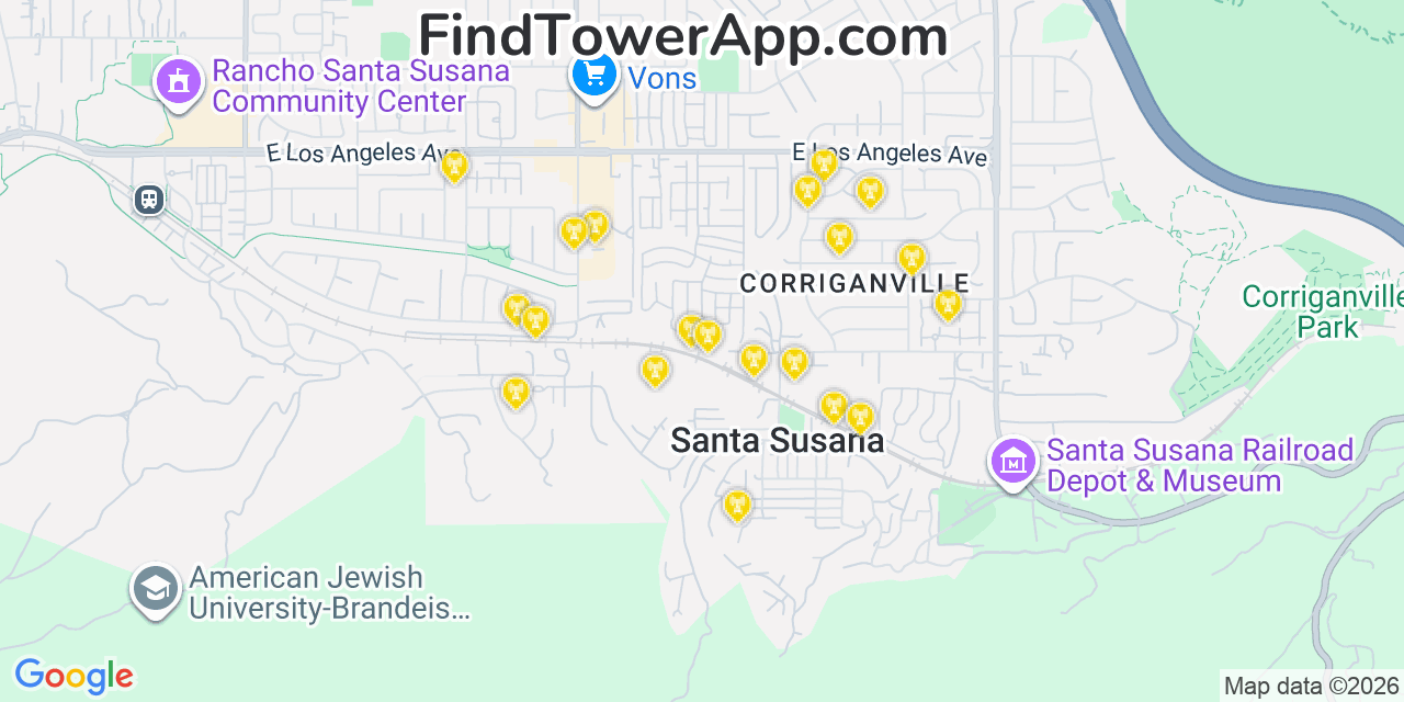 Map showing the 20 primary cell tower locations detected in Santa Susana, California from AT&T, Verizon, and T-Mobile networks
