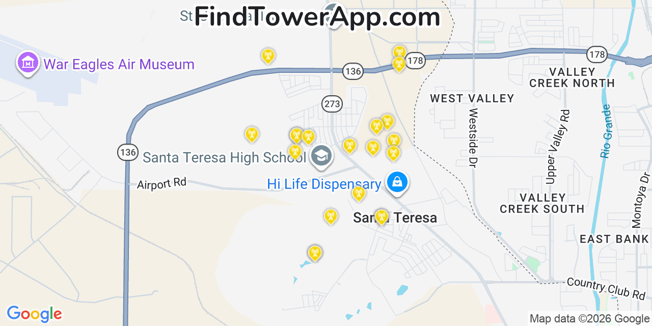 Map showing the 20 primary cell tower locations detected in Santa Teresa, New Mexico from AT&T, Verizon, and T-Mobile networks
