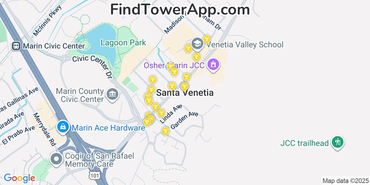 Map showing the 20 primary cell tower locations detected in Santa Venetia, California from AT&T, Verizon, and T-Mobile networks