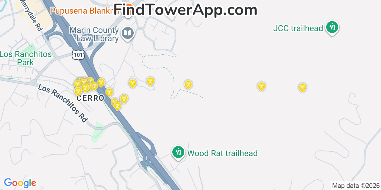 Map showing the 20 primary cell tower locations detected in Santa Venetia, California from AT&T, Verizon, and T-Mobile networks