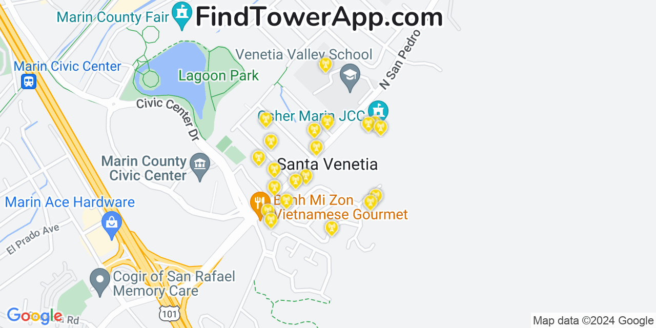 Verizon 4G/5G cell tower coverage map Santa Venetia, California