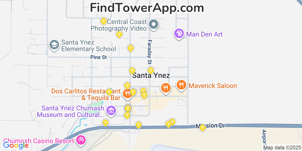 Map showing the 20 primary cell tower locations detected in Santa Ynez, California from AT&T, Verizon, and T-Mobile networks