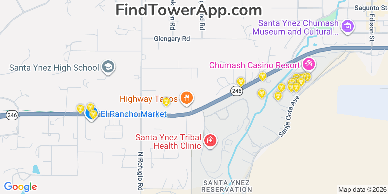 Map showing the 20 primary cell tower locations detected in Santa Ynez, California from AT&T, Verizon, and T-Mobile networks