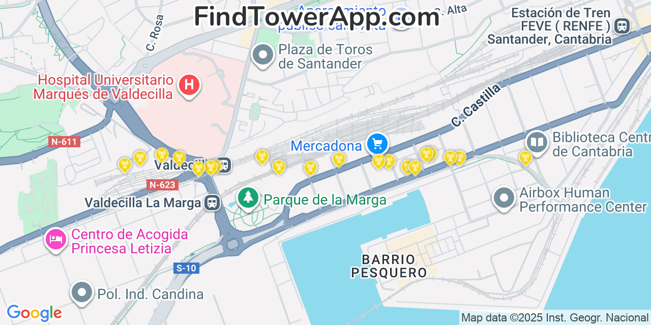 Map showing the 20 primary cell tower locations detected in Santander, Spain with coverage areas and signal strength