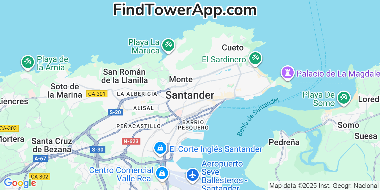 Map showing the 0 primary Yoigo cell tower locations detected in Santander, Spain with coverage radius and signal strength indicators