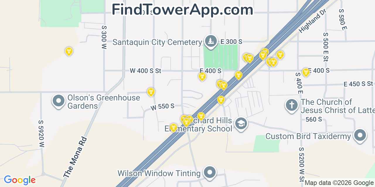 Map showing the 20 primary cell tower locations detected in Santaquin, Utah from AT&T, Verizon, and T-Mobile networks