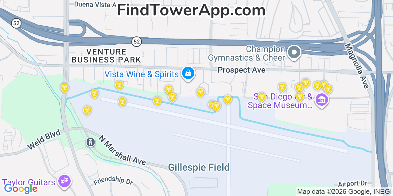 Map showing the 20 primary cell tower locations detected in Santee, California from AT&T, Verizon, and T-Mobile networks