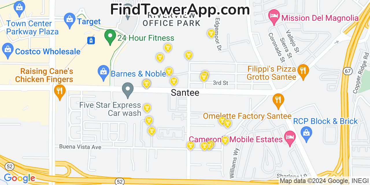 Verizon 4G/5G cell tower coverage map Santee, California