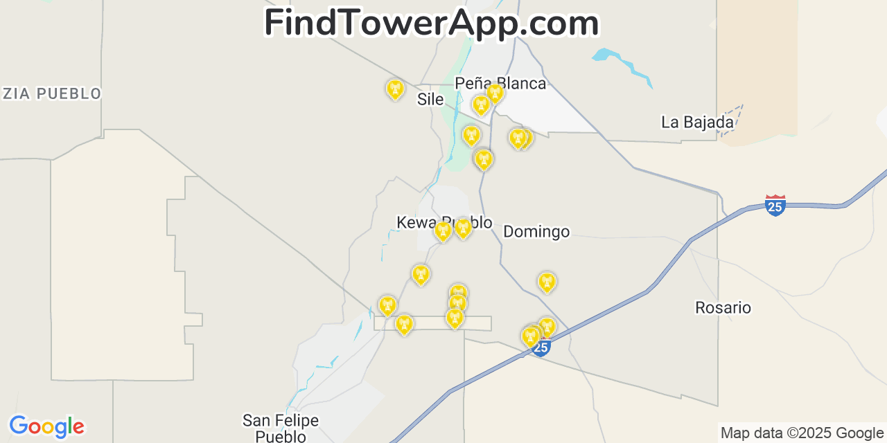 Map showing the 20 primary cell tower locations detected in Santo Domingo Pueblo, New Mexico from AT&T, Verizon, and T-Mobile networks