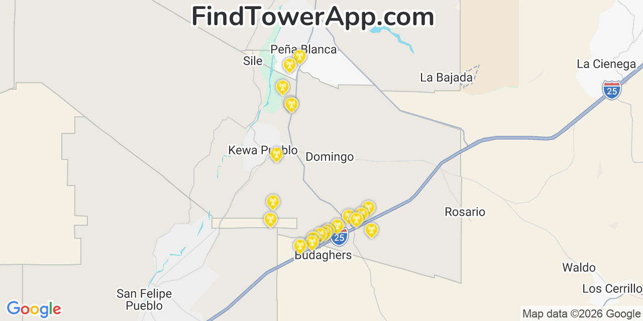 Map showing the 20 primary cell tower locations detected in Santo Domingo Pueblo, New Mexico from AT&T, Verizon, and T-Mobile networks