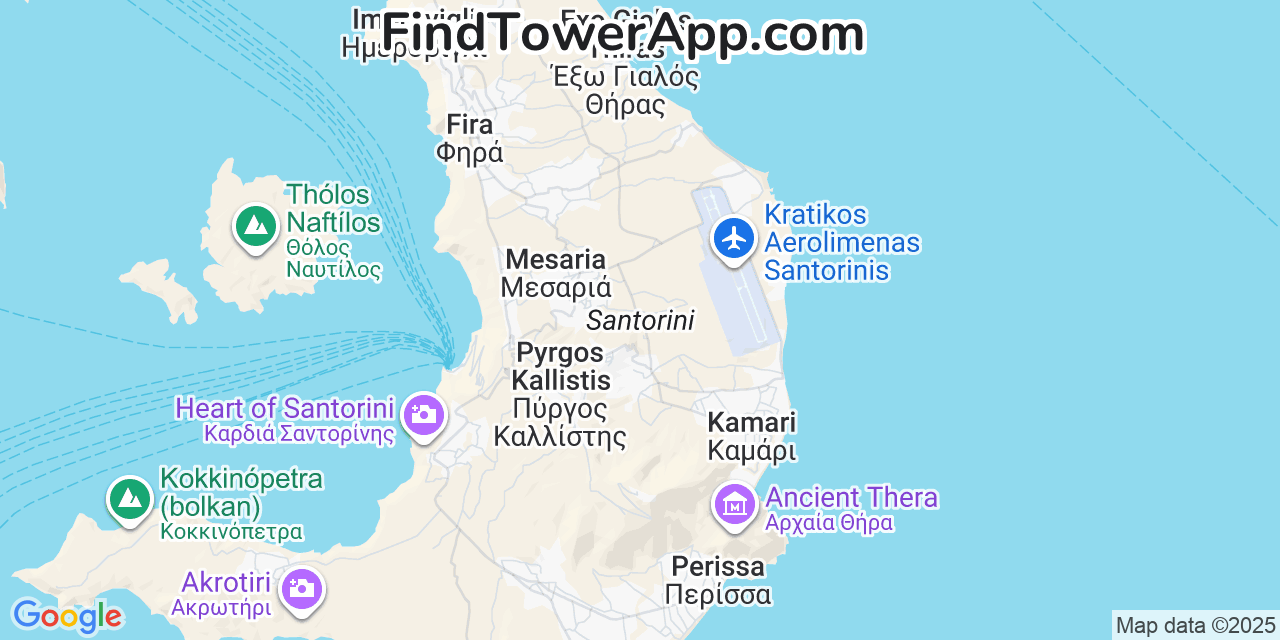 Map showing the 0 primary Cosmote cell tower locations detected in Santorini, Greece with coverage radius and signal strength indicators