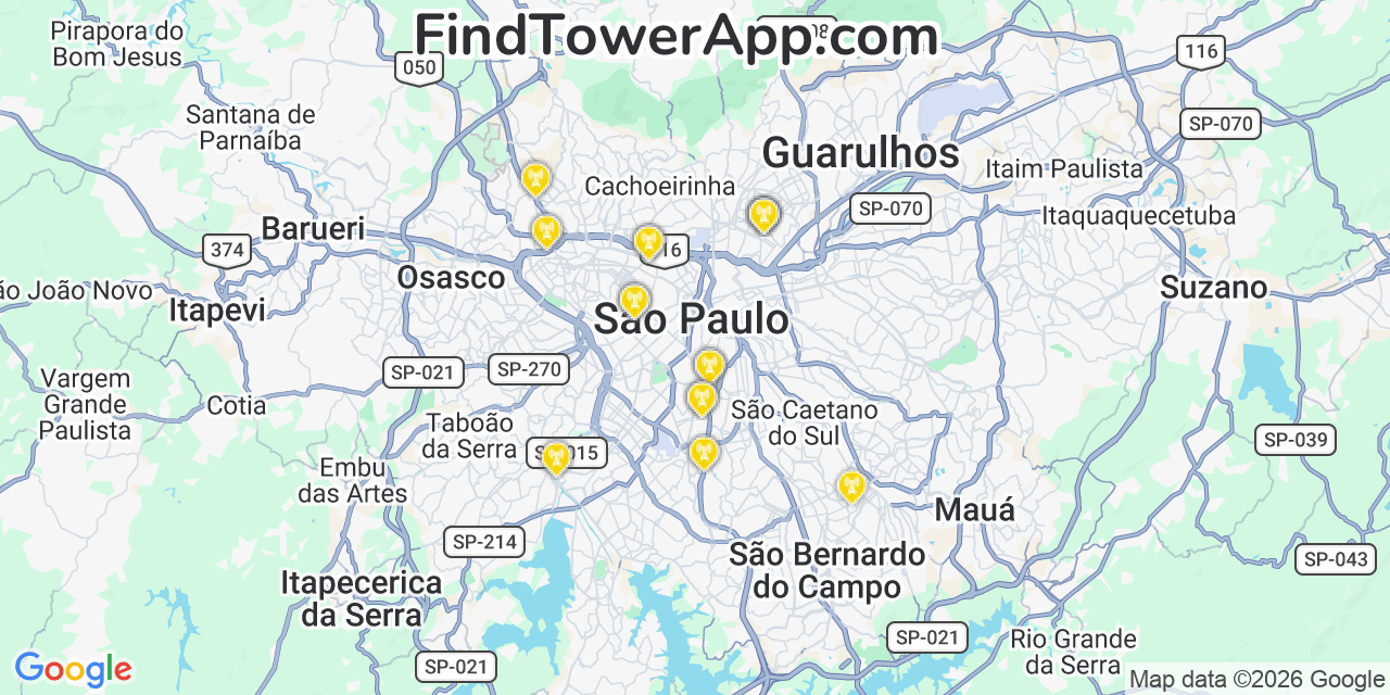 Map showing the 27 primary Brasil Telecom cell tower locations in São Paulo, Brazil