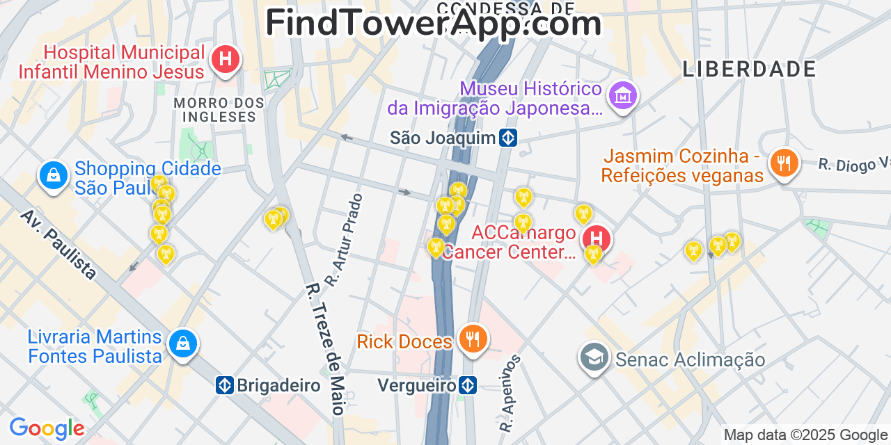 Map showing the 20 primary Claro cell tower locations in São Paulo, Brazil