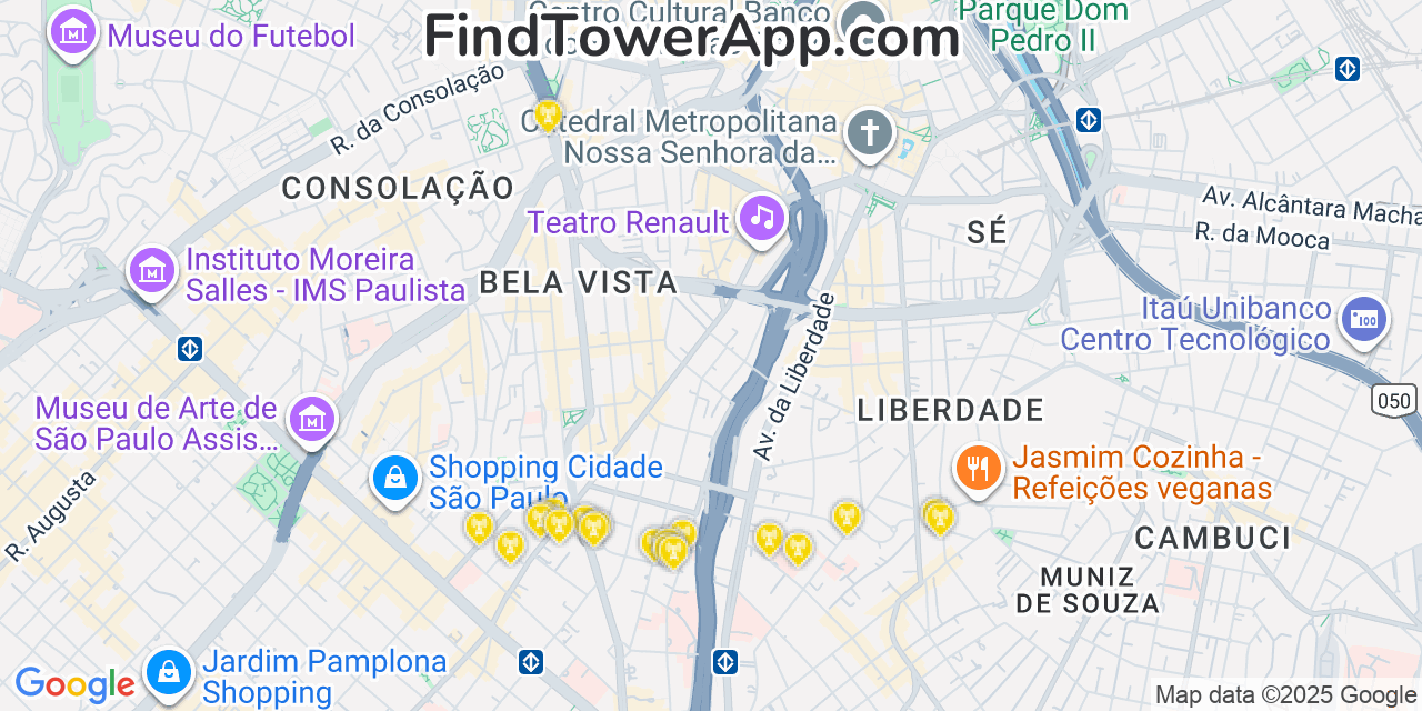 Map showing the 20 primary Local cell tower locations in São Paulo, Brazil