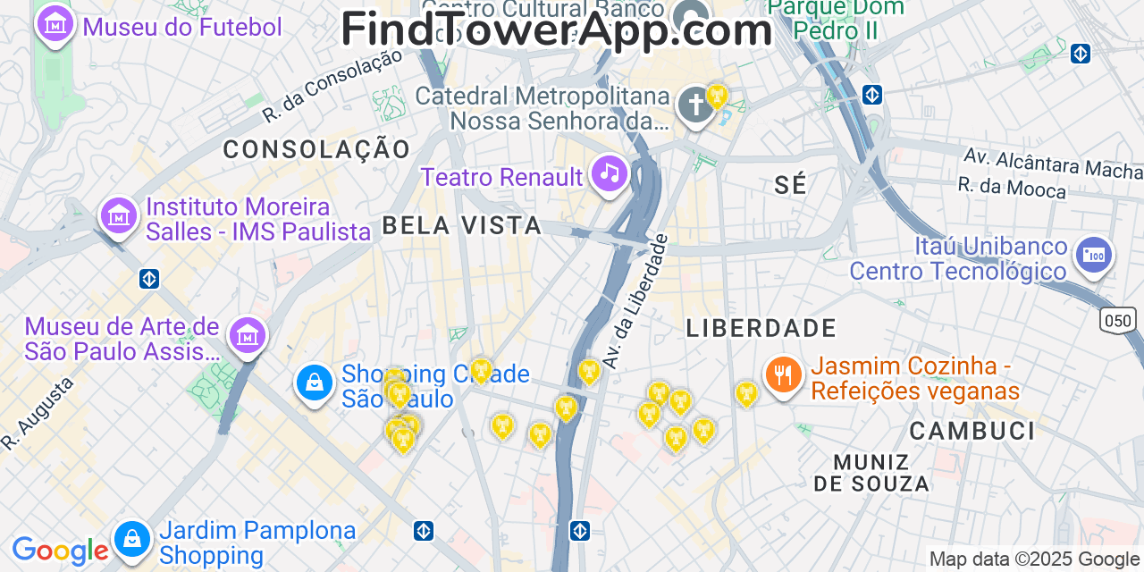 Map showing the 20 primary cell tower locations detected in São Paulo, Brazil with coverage areas and signal strength