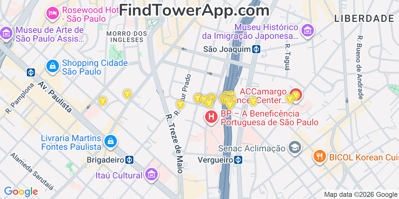 Map showing the 20 primary NII Holdings cell tower locations in São Paulo, Brazil