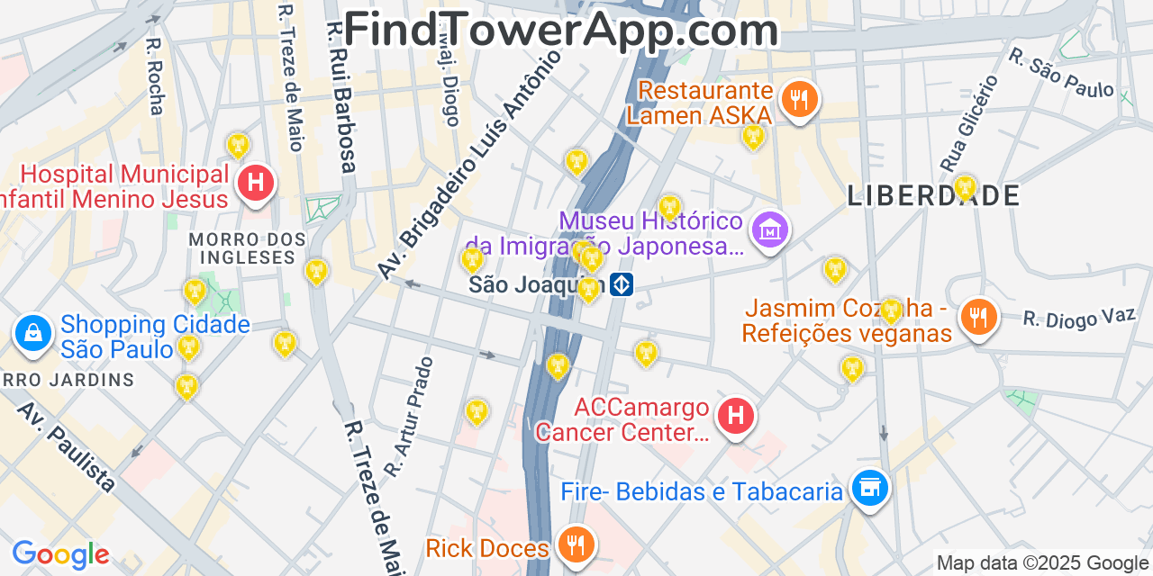 Map showing the 20 primary Oi cell tower locations in São Paulo, Brazil