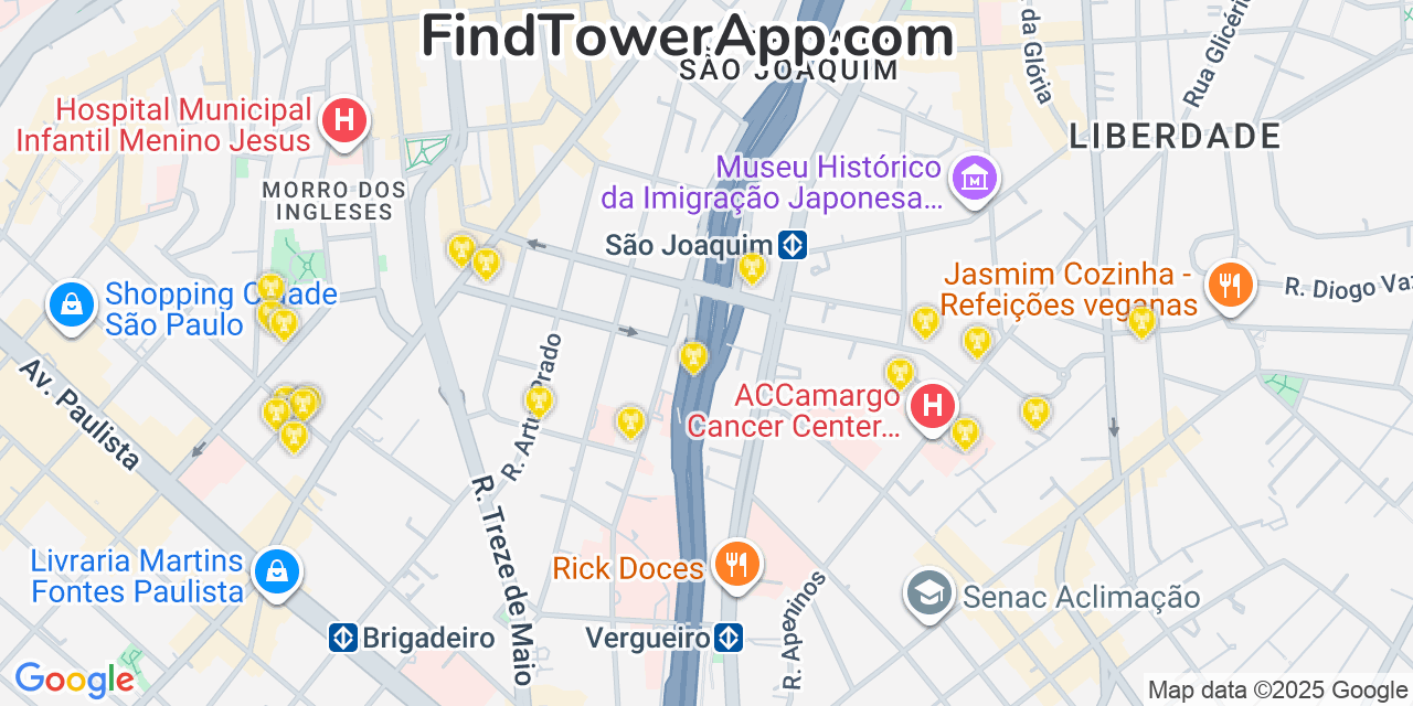 Map showing the 20 primary TIM cell tower locations in São Paulo, Brazil