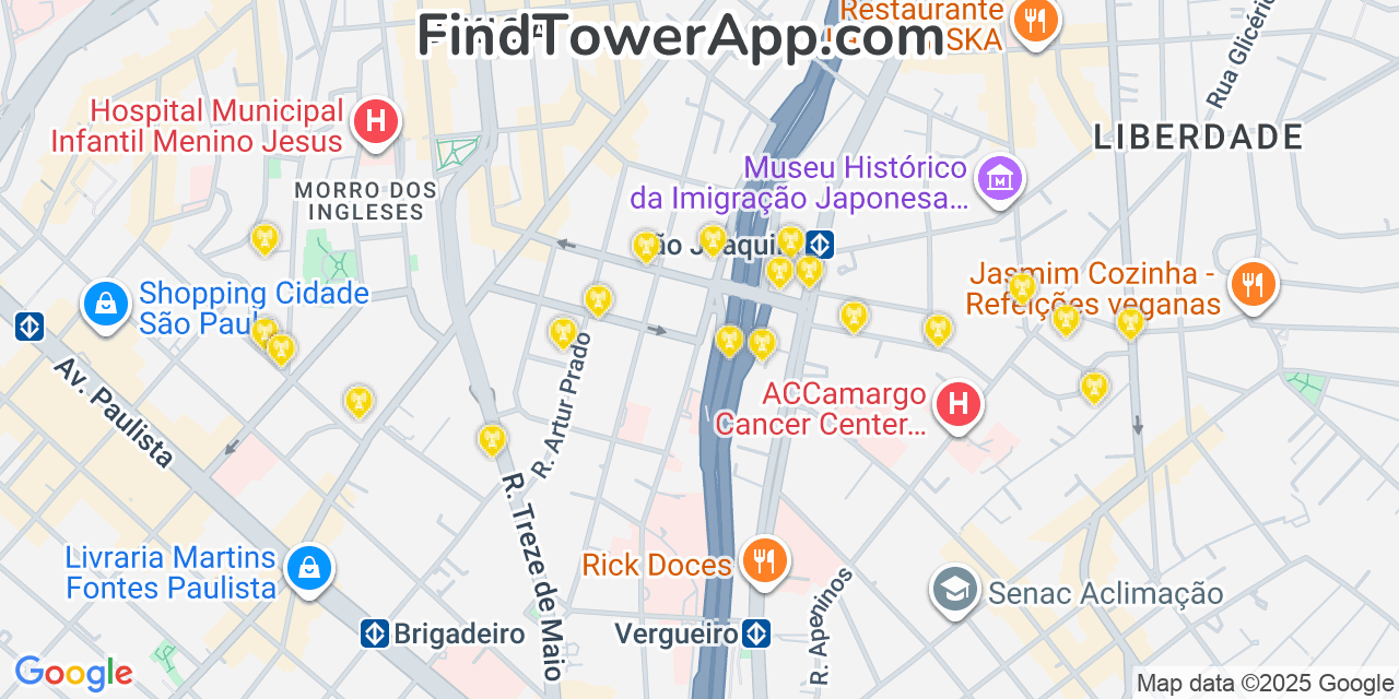 Map showing the 20 primary Vivo cell tower locations in São Paulo, Brazil